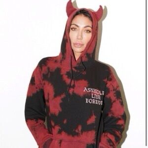 Red and Black Tie-Dye Hoodie with Horns